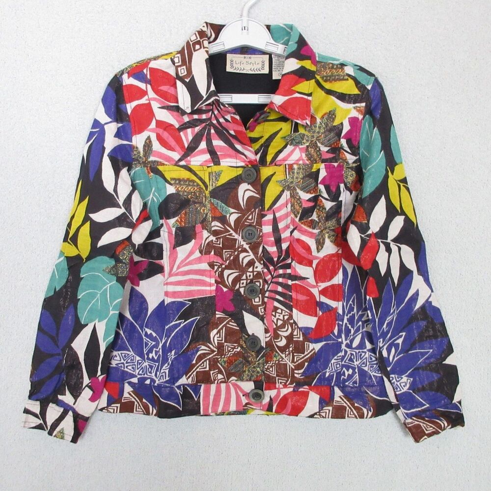 Life Style Jacket Womens M Multicolor Floral Leaf Button Front Lightweight